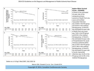 Copyright © 2014, Canadian Cardiovascular Society
2014 CCS Guidelines on the Diagnosis and Management of Stable Ischemia Heart Disease
Mancini GBJ, Gosselin G, et al., Can J Cardiol 2014
Kaplan–Meier Survival
Curves - COURAGE.
In Panel A, the estimated
4.6-year rate of the
composite primary
outcome of death from any
cause and nonfatal
myocardial infarction
was 19.0% in the PCI group
and 18.5% in the medical-
therapy group. In Panel B,
the estimated 4.6-year rate
of death from any cause
was 7.6% in the PCI group
and 8.3% in the medical-
therapy group. In Panel C,
the estimated 4.6-year rate
of hospitalization for acute
coronary syndrome (ACS)
was 12.4% in the PCI group
and 11.8% in the medical-
therapy group. In Panel D,
the estimated 4.6-year rate
of acute myocardial
infarction was 13.2% in the
PCI group and 12.3% in the
medical-therapy group.
Boden et al. N Engl J Med 2007; 356:1503-16
 