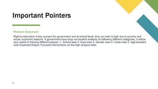 Important Pointers
Problem Statement
Right to education is key concern for government and at school level; drop out ratio is high due to poverty and
social, economic reasons. If government have drop out student analysis on following different categories, it will be
very useful in framing different policies. 1. School wise 2. Area wise 3. Gender wise 4. Caste wise 5. Age/standard
wise Expected Output: Focused interventions on the high dropout rates
5
 