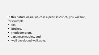 In this nature oasis, which is a pearl in Zürich, you will find,
for example,
 firs,
 birches,
 rhododendron,
 Japanese maples, and
 well developed walkways.
 