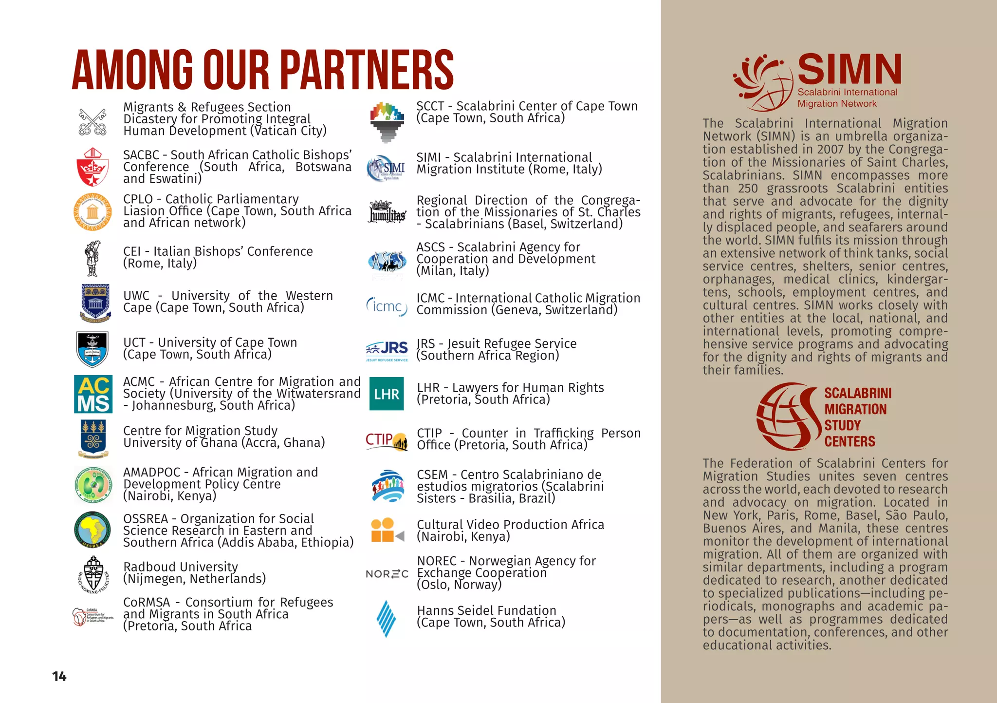 14
AMONG OUR PARTNERS
The Scalabrini International Migration
Network (SIMN) is an umbrella organiza-
tion established in 2007 by the Congrega-
tion of the Missionaries of Saint Charles,
Scalabrinians. SIMN encompasses more
than 250 grassroots Scalabrini entities
that serve and advocate for the dignity
and rights of migrants, refugees, internal-
ly displaced people, and seafarers around
the world. SIMN fulfils its mission through
an extensive network of think tanks, social
service centres, shelters, senior centres,
orphanages, medical clinics, kindergar-
tens, schools, employment centres, and
cultural centres. SIMN works closely with
other entities at the local, national, and
international levels, promoting compre-
hensive service programs and advocating
for the dignity and rights of migrants and
their families.
The Federation of Scalabrini Centers for
Migration Studies unites seven centres
across the world, each devoted to research
and advocacy on migration. Located in
New York, Paris, Rome, Basel, São Paulo,
Buenos Aires, and Manila, these centres
monitor the development of international
migration. All of them are organized with
similar departments, including a program
dedicated to research, another dedicated
to specialized publications—including pe-
riodicals, monographs and academic pa-
pers—as well as programmes dedicated
to documentation, conferences, and other
educational activities.
Hanns Seidel Fundation
(Cape Town, South Africa)
Radboud University
(Nijmegen, Netherlands)
SACBC - South African Catholic Bishops’
Conference (South Africa, Botswana
and Eswatini)
CEI - Italian Bishops’ Conference
(Rome, Italy)
Migrants & Refugees Section
Dicastery for Promoting Integral
Human Development (Vatican City)
Regional Direction of the Congrega-
tion of the Missionaries of St. Charles
- Scalabrinians (Basel, Switzerland)
ASCS - Scalabrini Agency for
Cooperation and Development
(Milan, Italy)
CPLO - Catholic Parliamentary
Liasion Office (Cape Town, South Africa
and African network)
SCCT - Scalabrini Center of Cape Town
(Cape Town, South Africa)
CSEM - Centro Scalabriniano de
estudios migratorios (Scalabrini
Sisters - Brasilia, Brazil)
SIMI - Scalabrini International
Migration Institute (Rome, Italy)
UWC - University of the Western
Cape (Cape Town, South Africa)
Centre for Migration Study
University of Ghana (Accra, Ghana)
Cultural Video Production Africa
(Nairobi, Kenya)
AMADPOC - African Migration and
Development Policy Centre
(Nairobi, Kenya)
OSSREA - Organization for Social
Science Research in Eastern and
Southern Africa (Addis Ababa, Ethiopia)
NOREC - Norwegian Agency for
Exchange Cooperation
(Oslo, Norway)
JRS - Jesuit Refugee Service
(Southern Africa Region)
ACMC - African Centre for Migration and
Society (University of the Witwatersrand
- Johannesburg, South Africa)
LHR - Lawyers for Human Rights
(Pretoria, South Africa)
CTIP - Counter in Trafficking Person
Office (Pretoria, South Africa)
UCT - University of Cape Town
(Cape Town, South Africa)
ICMC - International Catholic Migration
Commission (Geneva, Switzerland)
CoRMSA - Consortium for Refugees
and Migrants in South Africa
(Pretoria, South Africa
 