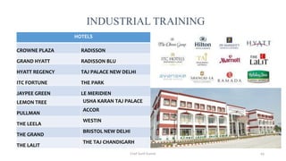 INDUSTRIAL TRAINING
HOTELS
CROWNE PLAZA RADISSON
GRAND HYATT RADISSON BLU
HYATT REGENCY TAJ PALACE NEW DELHI
ITC FORTUNE THE PARK
JAYPEE GREEN LE MERIDIEN
LEMON TREE USHA KARAN TAJ PALACE
PULLMAN
ACCOR
THE LEELA
WESTIN
THE GRAND
BRISTOL NEW DELHI
THE LALIT
THE TAJ CHANDIGARH
Chef Sunil Kumar 49
 