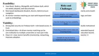 7
@SIH Idea submission
Feasibility:
1. Uses React, Node.js, MongoDB, and Firebase Auth, which
are widely adopted, well-documented.
2. Role-based dashboards (Student, Alumni, Admin) ensure clarity and smooth
navigation.
3. AI mentor–mentee matching can start with keyword-based logic and later
scale to embeddings
Viability:
1. Strong data security via Firebase Auth + role-based access → builds institutional
trust.
2. Centralized data + AI-driven mentor matching can be extended beyond
one institution to multiple universities or even pan-India education boards.
3. Clean UI + clear alumni benefits (mentorship, networking, events) →
improves adoption.
Risks and
Challenges
Protecting sensitive alumni data and
ensuring privacy.
Free-tier hosting may face scalability
limits.
Complex AI may be hard to
implement fully in short time.
Alumni adoption and engagement
could remain low.
 
