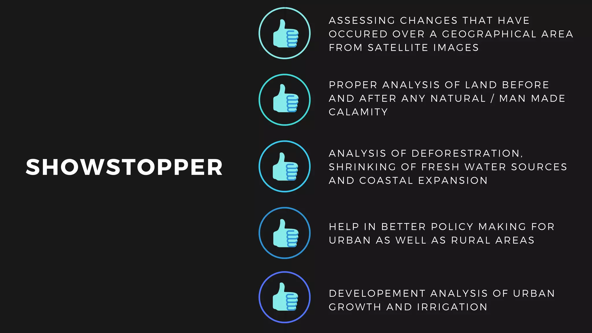 SHOWSTOPPER
DEVELOPEMENT ANALYSIS OF URBAN
GROWTH AND IRRIGATION
PROPER ANALYSIS OF LAND BEFORE
AND AFTER ANY NATURAL / MAN MADE
CALAMITY
ANALYSIS OF DEFORESTRATION,
SHRINKING OF FRESH WATER SOURCES
AND COASTAL EXPANSION
HELP IN BETTER POLICY MAKING FOR
URBAN AS WELL AS RURAL AREAS
ASSESSING CHANGES THAT HAVE
OCCURED OVER A GEOGRAPHICAL AREA
FROM SATELLITE IMAGES