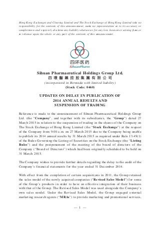 Hong Kong Exchanges and Clearing Limited and The Stock Exchange of Hong Kong Limited take no
responsibility for the conten...