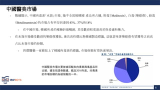 6
中國醫美市場主要被玻尿酸和肉毒素兩塊產品所
占據。據安信證券數據，截至2018年度，肉毒素
的市場份額約為玻尿酸的一半。
- 數據顯示，中國肉毒素「水貨」市場，幾乎全部被韓國 產品所占據。粉毒（Meditoxin）、白毒（樂提葆）、綠毒
（Botulinumtoxin）的市場占有率分別達到 43%、37%和18%
- 在中國市場，韓國所 產的瘦臉針最暢銷，其受歡迎程度遠高於保妥適和衡力。
- 在水貨市場備受歡迎的樂提葆獲批，兼具高性價比與韓國製造標籤，這就意味著樂提葆有望獲得之前高
占比水貨市場的份額。
- 四環醫藥一夜被貼上了韓國肉毒素的標籤，市場份額有望快速增長。
中國醫美市場
 