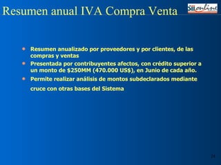 Resumen anualizado por proveedores y por clientes, de las compras y ventas Presentada por contribuyentes afectos, con crédito superior a un monto de $250MM (470.000 US$), en Junio de cada año. Permite realizar análisis de montos subdeclarados mediante cruce con otras bases del Sistema Resumen anual IVA Compra Venta 