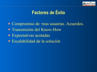 Factores de Éxito Compromiso de áreas usuarias. Acuerdos. Transmisión del Know-How Expectativas acotadas Escalabilidad de la solución 