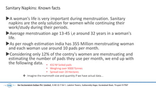 Sanitary Napkins: Known facts
?A woman's life is very important during menstruation. Sanitary
napkins are the only solution for women while continuing their
work/study during their periods.
?Average menstruation age 13-45 i,e around 32 years in a woman's
life.
?As per rough estimation india has 355 Million menstruating woman
and each woman use around 10 pads per month.
?Considering only 12% of the contry's women are menstruating and
estimating the number of pads they use per month, we end up with
the following data. ? 432 M Soiled pads
? Weighing over 9000 Tonnes
? Spread over 24 Hectares
? Imagine the mammoth size and quantity if we have actual data...
See Incinerators Indian Pvt. Limited, H.NO 22-7-54/1, Lakshmi Towers, Subbareddy Nagar, Karakabadi Road, Tirupati-517507
 
