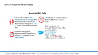 Sanitary Napkins: Known facts
Swatchha Bhaaratha Indian Pvt. Limited, H.NO 22-7-54/1, Lakshmi Towers, Subbareddy Nagar, Karakabadi Road, Tirupati-517507
 