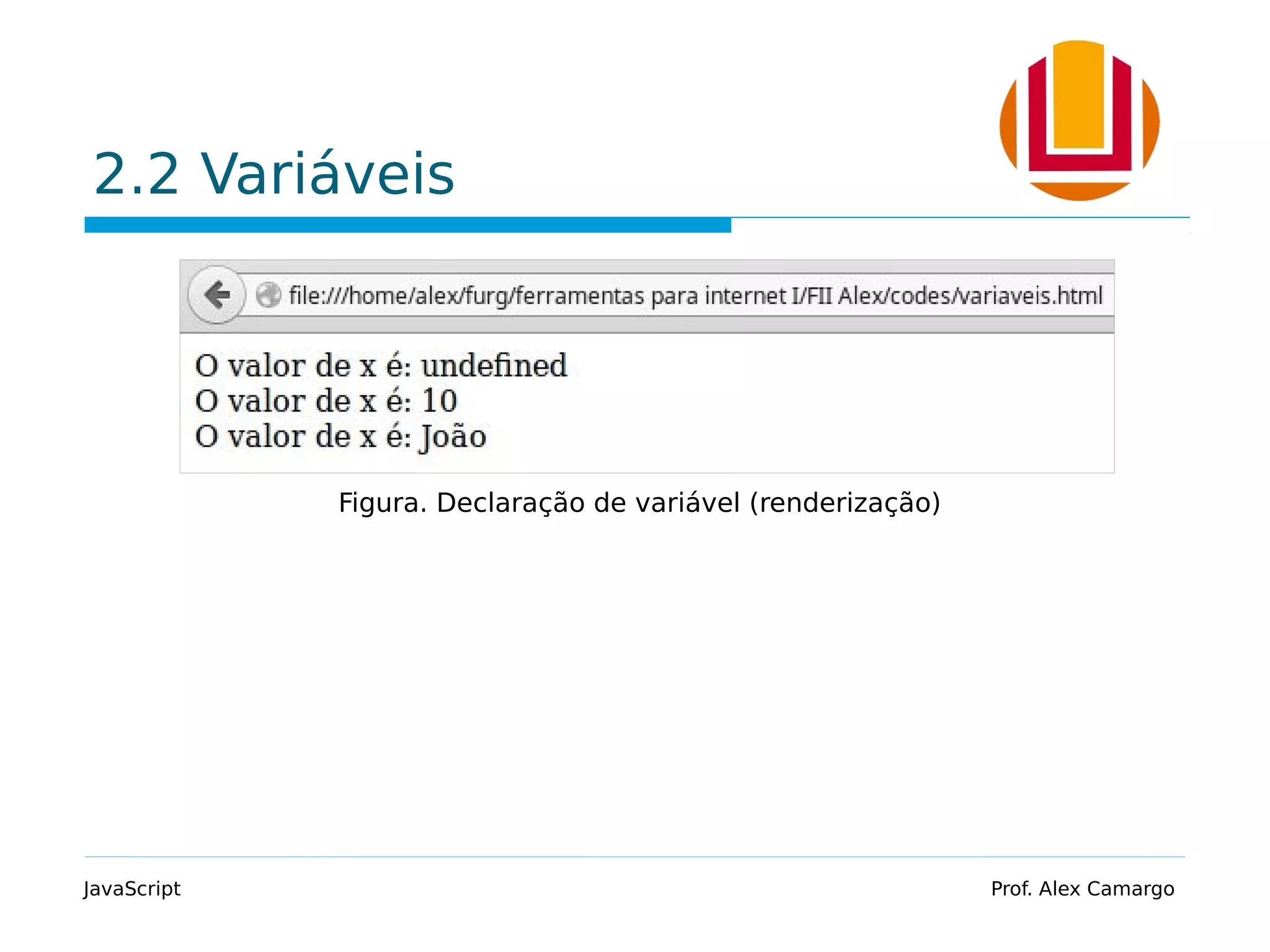 2.2 Variáveis
JavaScript Prof. Alex Camargo
Figura. Declaração de variável (renderização)
 