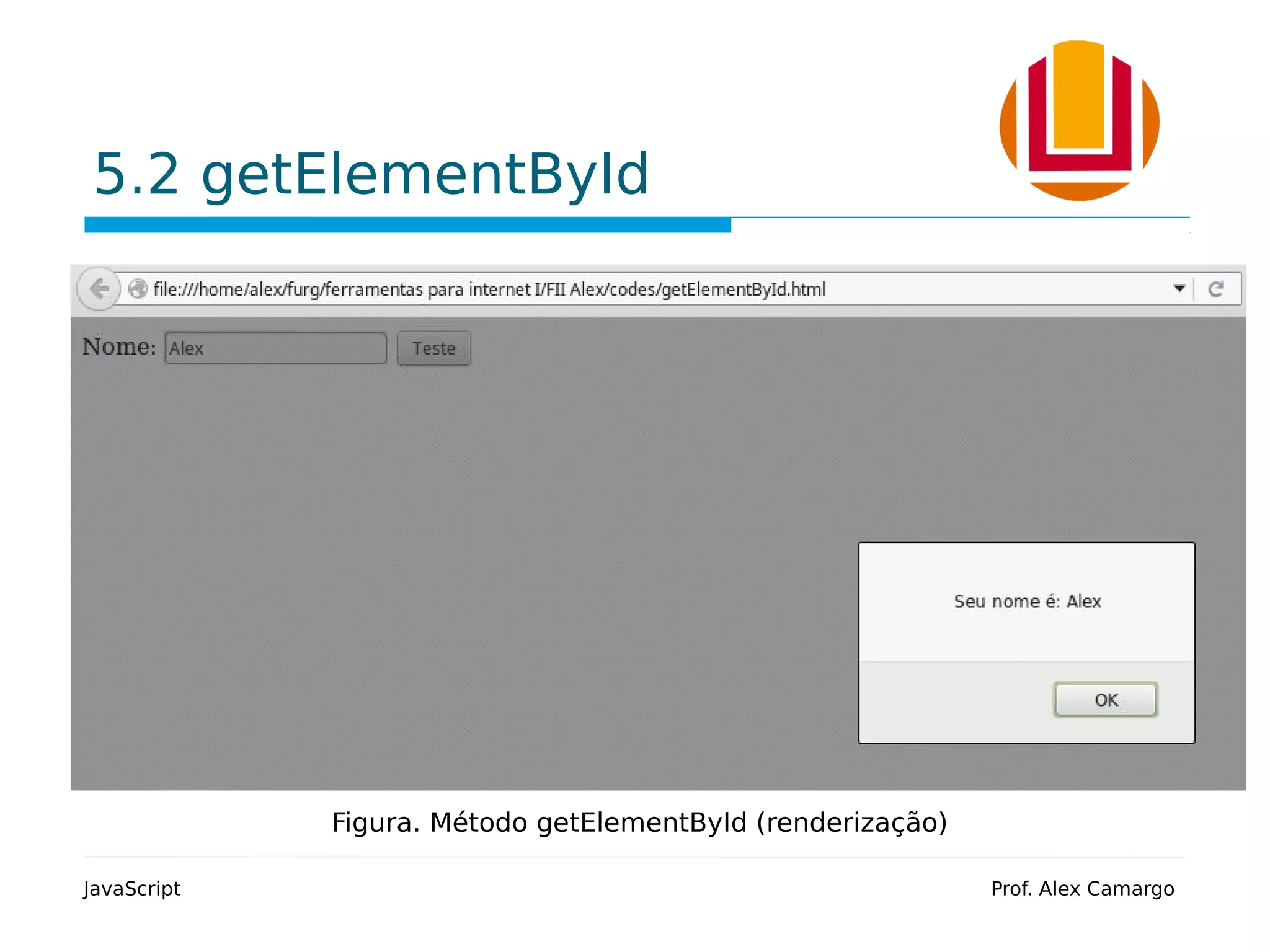 5.2 getElementById
JavaScript Prof. Alex Camargo
Figura. Método getElementById (renderização)
 