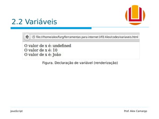 2.2 Variáveis
JavaScript Prof. Alex Camargo
Figura. Declaração de variável (renderização)
 