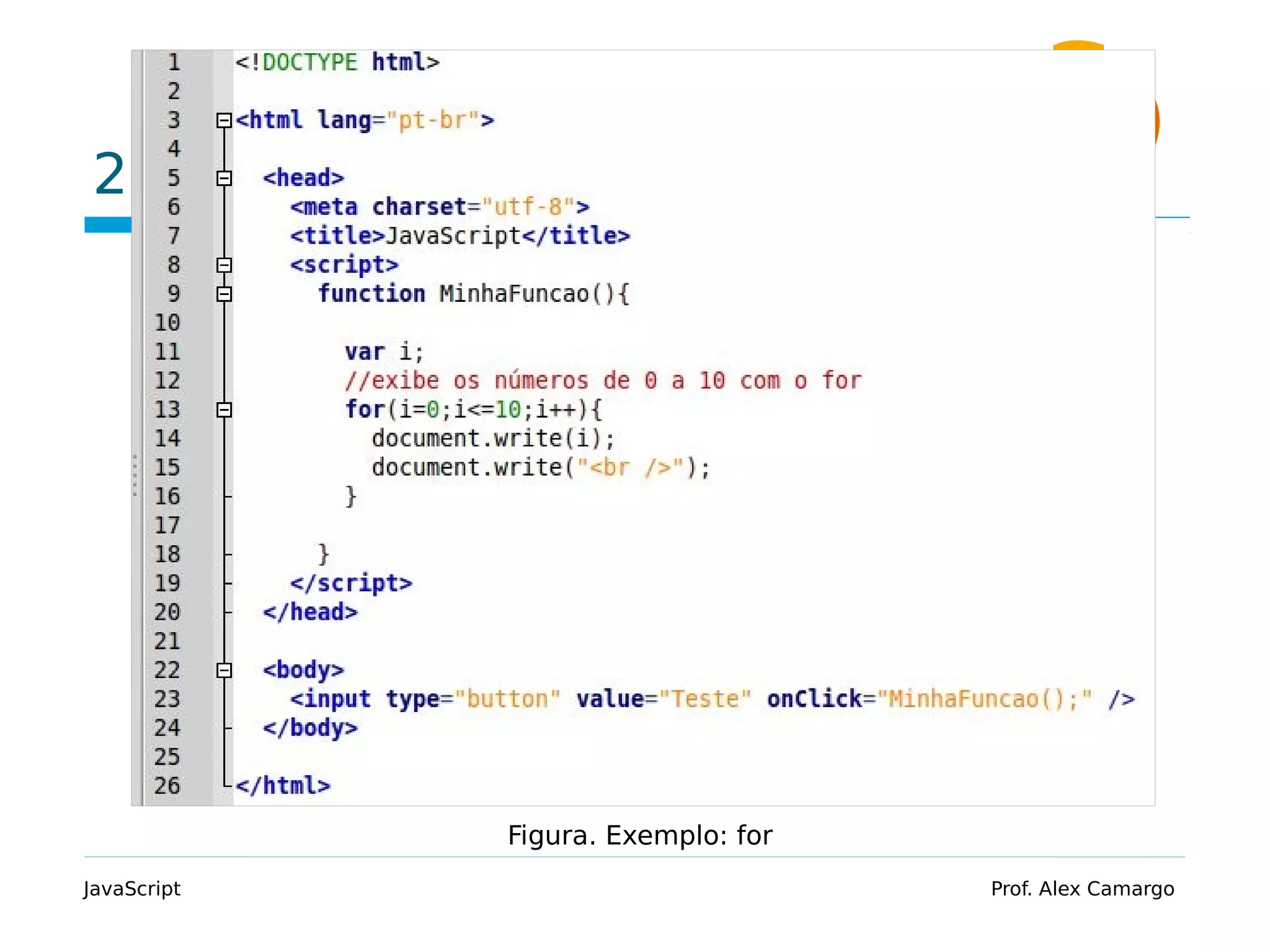 2.2 Exemplo JavaScript Prof. Alex Camargo Figura. Exemplo: for 