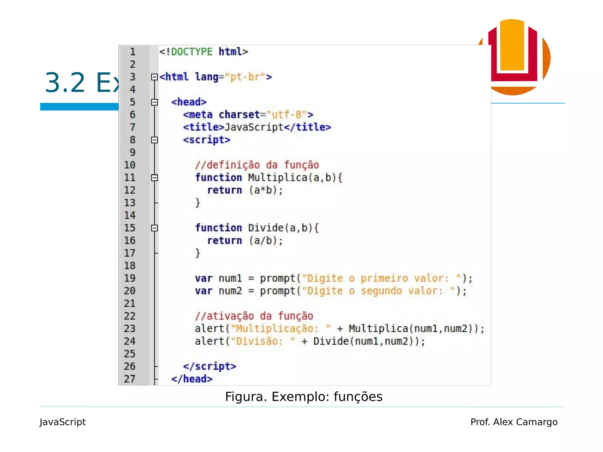 3.2 Exemplo JavaScript Prof. Alex Camargo Figura. Exemplo: funções 