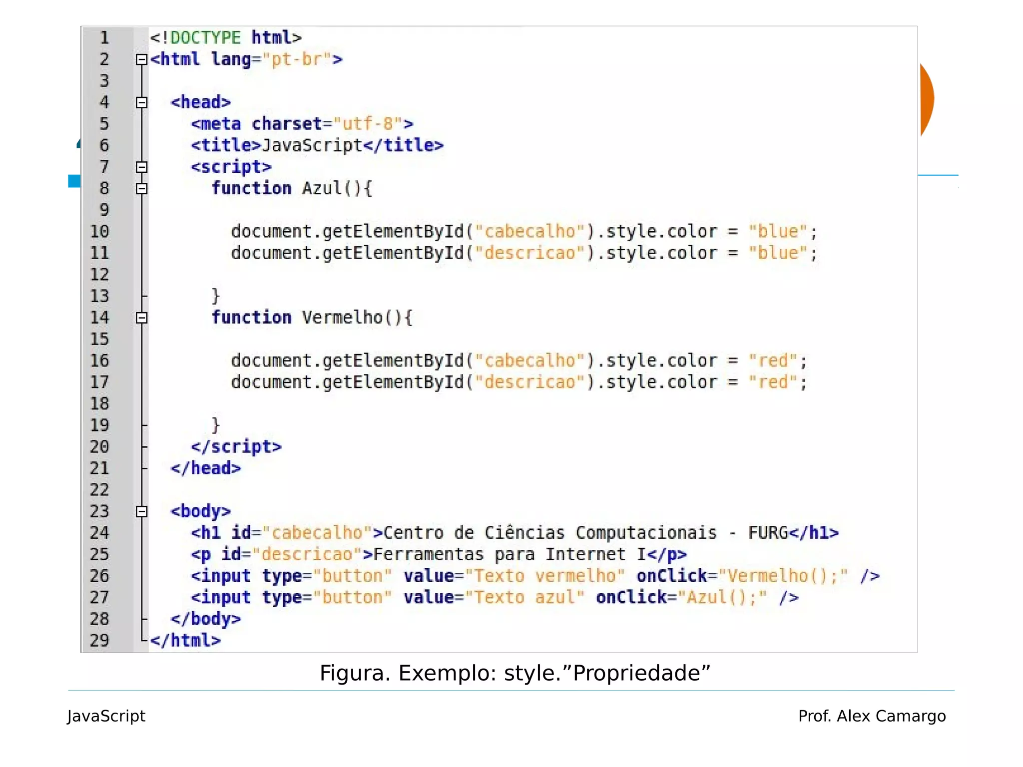 4.2 Exemplo JavaScript Prof. Alex Camargo Figura. Exemplo: style.”Propriedade” 