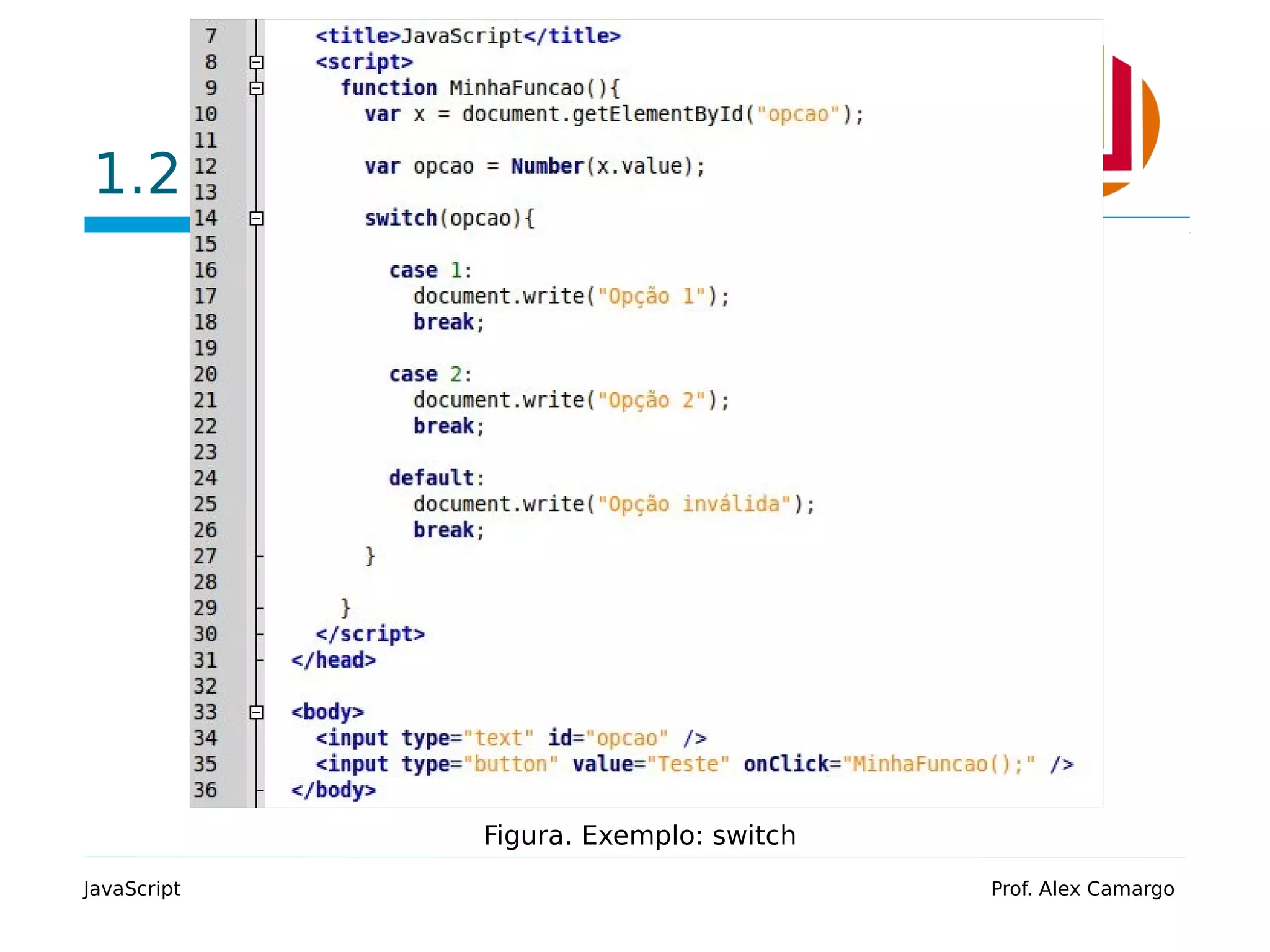 1.2 Exemplo JavaScript Prof. Alex Camargo Figura. Exemplo: switch 