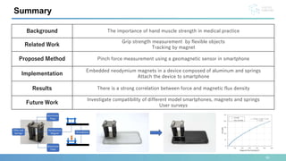 Summary
Background The importance of hand muscle strength in medical practice
Related Work
Grip strength measurement by flexible objects
Tracking by magnet
Proposed Method Pinch force measurement using a geomagnetic sensor in smartphone
Implementation
Embedded neodymium magnets in a device composed of aluminum and springs
Attach the device to smartphone
Results There is a strong correlation between force and magnetic flux density
Future Work
Investigate compatibility of different model smartphones, magnets and springs
User surveys
16
 