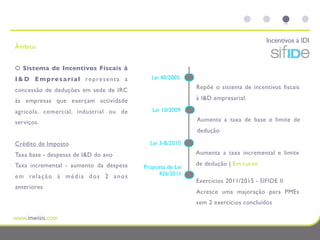Incentivos à IDI
Âmbito


O Sistema de Incentivos Fiscais à
I & D E m p re s a ri a l re p re s e n t a a      Lei 40/2005

concessão de deduções em sede de IRC                              Repõe o sistema de incentivos fiscais

às empresas que exerçam actividade                                à I&D empresarial.

agrícola, comercial, industrial ou de              Lei 10/2009

serviços.                                                         Aumenta a taxa de base e limite de
                                                                  dedução

Crédito de Imposto                                Lei 3-B/2010
Taxa base - despesas de I&D do ano                                Aumenta a taxa incremental e limite

Taxa incremental - aumento da despesa                             de dedução | Em curso
                                                Proposta de Lei
e m re l a ç ã o à m é d i a d o s 2 a n o s         426/2011
                                                                  Exercícios 2011/2015 - SIFIDE II
anteriores
                                                                  Acresce uma majoração para PMEs
                                                                  sem 2 exercícios concluídos
 