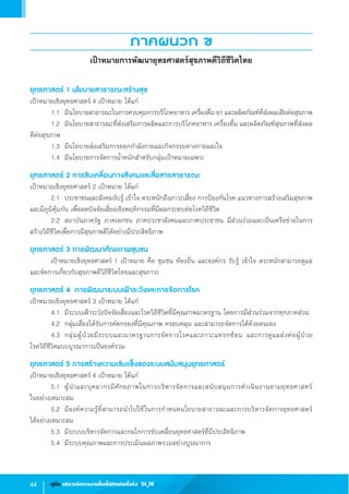 44 คู่มือ บริหารจัดการงานโรคไม่ติดต่อเรื้อรัง SI3
M
ภาคผนวก ข
เป้าหมายการพัฒนายุทธศาสตร์สุขภาพดีวิถีชีวิตไทย
ยุทธศาสตร์ 1 นโยบายสาธารณะสร้างสุข
เป้าหมายเชิงยุทธศาสตร์ 4 เป้าหมาย ได้แก่
	 1.1	 มีนโยบายสาธารณะในการควบคุมการบริโภคอาหาร เครื่องดื่ม ยา และผลิตภัณฑ์ที่ส่งผลเสียต่อสุขภาพ
	 1.2	 มีนโยบายสาธารณะที่ส่งเสริมการผลิตและการบริโภคอาหาร เครื่องดื่ม และผลิตภัณฑ์สุขภาพที่ส่งผล
ดีต่อสุขภาพ
	 1.3	 มีนโยบายส่งเสริมการออกก�ำลังกายและกิจกรรมทางกายและใจ
	 1.4	 มีนโยบายการจัดการน�้ำหนักส�ำหรับกลุ่มเป้าหมายเฉพาะ
ยุทธศาสตร์ 2 การขับเคลื่อนทางสังคมและสื่อสารสาธารณะ
เป้าหมายเชิงยุทธศาสตร์ 2 เป้าหมาย ได้แก่
	 2.1	 ประชาชนและสังคมรับรู้ เข้าใจ ตระหนักถึงภาวะเสี่ยง การป้องกันโรค แนวทางการสร้างเสริมสุขภาพ
และมีภูมิคุ้มกัน เพื่อลดปัจจัยเสี่ยงเชิงพฤติกรรมที่มีผลกระทบต่อโรควิถีชีวิต
	 2.2	 สถาบันภาครัฐ ภาคเอกชน ภาคประชาสังคมและภาคประชาชน มีส่วนร่วมและเป็นเครือข่ายในการ
สร้างวิถีชีวิตเพื่อการมีสุขภาพดีได้อย่างมีประสิทธิภาพ
ยุทธศาสตร์ 3 การพัฒนาศักยภาพชุมชน
	 เป้าหมายเชิงยุทธศาสตร์ 1 เป้าหมาย คือ ชุมชน ท้องถิ่น และองค์กร รับรู้ เข้าใจ ตระหนักสามารถดูแล
และจัดการเกี่ยวกับสุขภาพดีวิถีชีวิตไทยและสุขภาวะ
ยุทธศาสตร์ 4 การพัฒนาระบบเฝ้าระวังและการจัดการโรค
เป้าหมายเชิงยุทธศาสตร์ 3 เป้าหมาย ได้แก่
	 4.1	 มีระบบเฝ้าระวังปัจจัยเสี่ยงและโรควิถีชีวิตที่มีคุณภาพมาตรฐาน โดยการมีส่วนร่วมจากทุกภาคส่วน
	 4.2	 กลุ่มเสี่ยงได้รับการคัดกรองที่มีคุณภาพ ครอบคลุม และสามารถจัดการได้ด้วยตนเอง
	 4.3	 กลุ่มผู้ป่วยมีระบบและมาตรฐานการจัดการโรคและภาวะแทรกซ้อน และการดูแลส่งต่อผู้ป่วย                       
โรควิถีชีวิตแบบบูรณาการเป็นองค์รวม
ยุทธศาสตร์ 5 การสร้างความเข้มแข็งของระบบสนับสนุนยุทธศาสตร์
เป้าหมายเชิงยุทธศาสตร์ 4 เป้าหมาย ได้แก่
	 5.1	 ผู้น�ำและบุคลากรมีศักยภาพในการบริหารจัดการและสนับสนุนการด�ำเนินงานตามยุทธศาสตร์                   
ในอย่างเหมาะสม
	 5.2	 มีองค์ความรู้ที่สามารถน�ำไปใช้ในการก�ำหนดนโยบายสาธารณะและการบริหารจัดการยุทธศาสตร์            
ได้อย่างเหมาะสม
	 5.3	 มีระบบบริหารจัดการและกลไกการขับเคลื่อนยุทธศาสตร์ที่มีประสิทธิภาพ
	 5.4	 มีระบบคุณภาพและการประเมินผลภาพรวมอย่างบูรณาการ
 