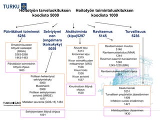 Selviytymi
nen
(ongelmara
tkaisukyky)
5059
Hoitotyön toimintoluokituksen
koodisto 1000
Aistitoiminta
(kipu)5297
Ravitsemus
5145
Päivittäiset toiminnot
5256
Turvallisuus
5236
Hoitotyön tarveluokituksen
koodisto 5000
Potilaan heikentynyt
selviytymiskyky
5060
Muistihäiriö
5068
Potilaan selviytymisen
arviointi (MMSE)
1077
Mielialan seuranta (GDS-15) 1484
Akuutti kipu
5313
Krooninen kipu
5319
Kivun voimakkuuden
mittaaminen (VAS)
1536
Kivun hoito
1538
Kivun arviointi
1537
Ravitsemuksen muutos
5146
Ravitsemuskartoitus (MNA)
1244
Ravinnon saannin turvaaminen
1248
1245-1255 (BMI)
Kaatumisriski
5251
Turvallisen ympäristön järjestäminen
1409
Infektion vuoksi eristäminen
1421
Omatoimisuuteen
liittyvät osatekijät
(RAVA)
5263-5268
1443-1463
Päivittäisiin toimintoihin
liittyvä ohjaus
1463
Selviytymiseen liittyvä ohjaus
1091
Infektiopotilaan ohjaaminen
1430
Kivunhoitoon liittyvä
ohjaus
1539
Ravitsemukseen liittyvä ohjaus
1261
 