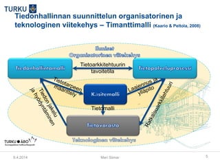 9.4.2014 Mari Siimar 5
Tiedonhallinnan suunnittelun organisatorinen ja
teknologinen viitekehys – Timanttimalli (Kaario & Peltola, 2008)
Tietomalli
Tietoarkkitehtuurin
tavoitetila
 