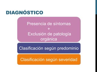DIAGNÓSTICO
Presencia de síntomas
+
Exclusión de patología
orgánica
Clasificación según predominio
Clasificación según severidad
 