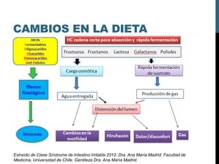 CAMBIOS EN LA DIETA
Extraído de Clase Síndrome de Intestino Irritable 2012. Dra. Ana María Madrid. Facultad de
Medicina, Universidad de Chile. Gentileza Dra. Ana María Madrid.
 