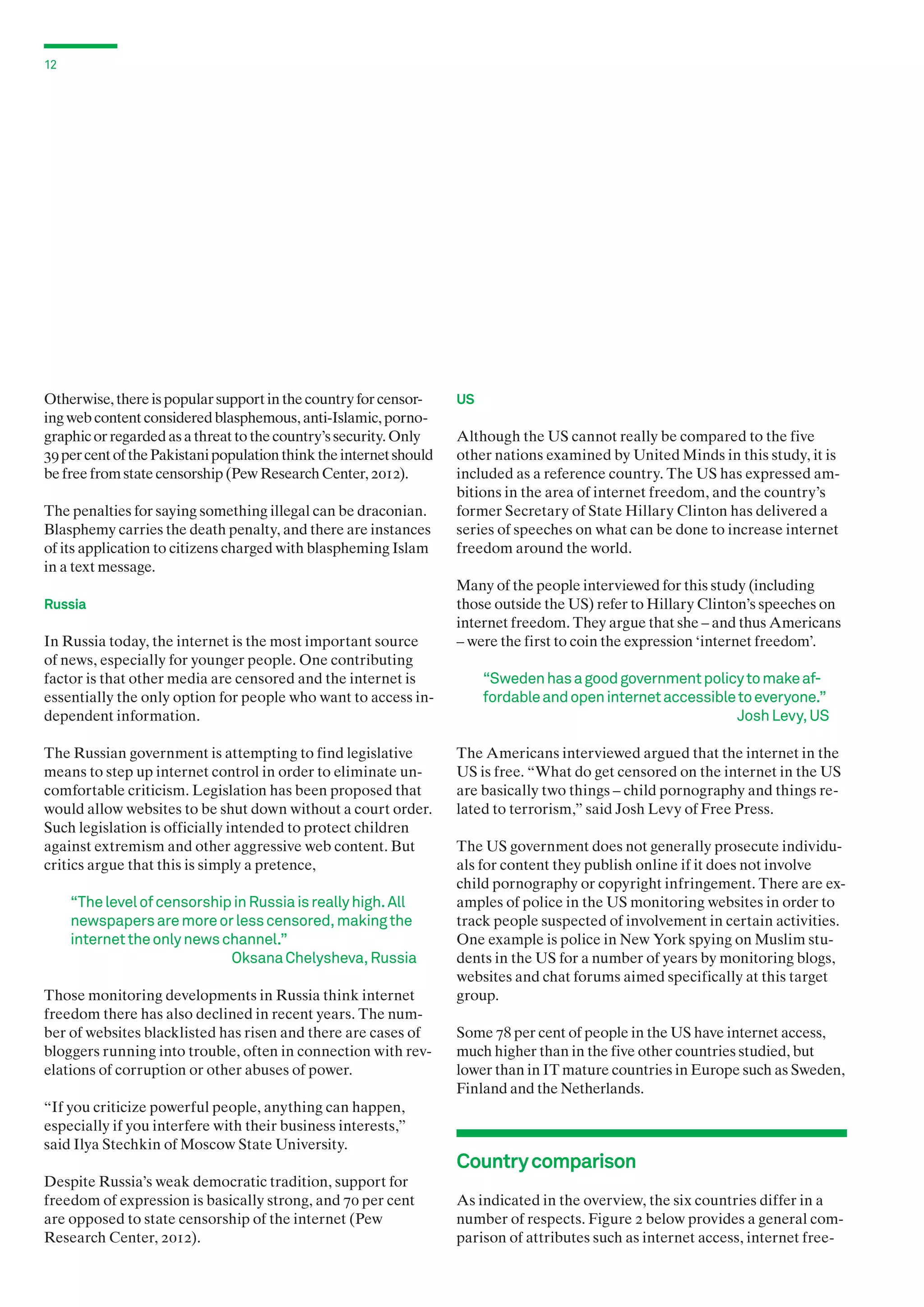 12

Otherwise, there is popular support in the country for censo­r­­
ing web content considered blasphemous, anti-Islamic, pornographic or regarded as a threat to the country’s security. Only
39 per cent of the Pakistani population think the internet should
be free from state censorship (Pew Research Center, 2012).
The penalties for saying something illegal can be draconian.
Blasphemy carries the death penalty, and there are instances
of its application to citizens charged with blaspheming Islam
in a text message.
Russia

In Russia today, the internet is the most important source
of news, especially for younger people. One contributing
factor is that other media are censored and the internet is
essentially the only option for people who want to access independent information.
The Russian government is attempting to find legislative
means to step up internet control in order to eliminate uncomfortable criticism. Legislation has been proposed that
would allow websites to be shut down without a court order.
Such legislation is officially intended to protect children
against extremism and other aggressive web content. But
critics argue that this is simply a pretence,

“The level of censorship in Russia is really high. All
newspapers are more or less censored, making the
internet the only news channel.”
Oksana Chelysheva, Russia
Those monitoring developments in Russia think internet
freedom there has also declined in recent years. The number of websites blacklisted has risen and there are cases of
bloggers running into trouble, often in connection with revelations of corruption or other abuses of power.
“If you criticize powerful people, anything can happen,
especially if you interfere with their business interests,”
said Ilya Stechkin of Moscow State University.
Despite Russia’s weak democratic tradition, support for
freedom of expression is basically strong, and 70 per cent
are opposed to state censorship of the internet (Pew
Research Center, 2012).

US

Although the US cannot really be compared to the five
other nations examined by United Minds in this study, it is
included as a reference country. The US has expressed ambitions in the area of internet freedom, and the country’s
former Secretary of State Hillary Clinton has delivered a
series of speeches on what can be done to increase internet
freedom around the world.
Many of the people interviewed for this study (including
those outside the US) refer to Hillary Clinton’s speeches on
internet freedom. They argue that she – and thus Americans
– were the first to coin the expression ‘internet freedom’.

“Sweden has a good government policy to make affordable and open internet accessible to everyone.”
Josh Levy, US
The Americans interviewed argued that the internet in the
US is free. “What do get censored on the internet in the US
are basically two things – child pornography and things related to terrorism,” said Josh Levy of Free Press.
The US government does not generally prosecute individuals for content they publish online if it does not involve
child pornography or copyright infringement. There are examples of police in the US monitoring websites in order to
track people suspected of involvement in certain activities.
One example is police in New York spying on Muslim students in the US for a number of years by monitoring blogs,
websites and chat forums aimed specifically at this target
group.
Some 78 per cent of people in the US have internet access,
much higher than in the five other countries studied, but
lower than in IT mature countries in Europe such as Sweden,
Finland and the Netherlands.

Country comparison
As indicated in the overview, the six countries differ in a
number of respects. Figure 2 below provides a general comparison of attributes such as internet access, internet free-

 