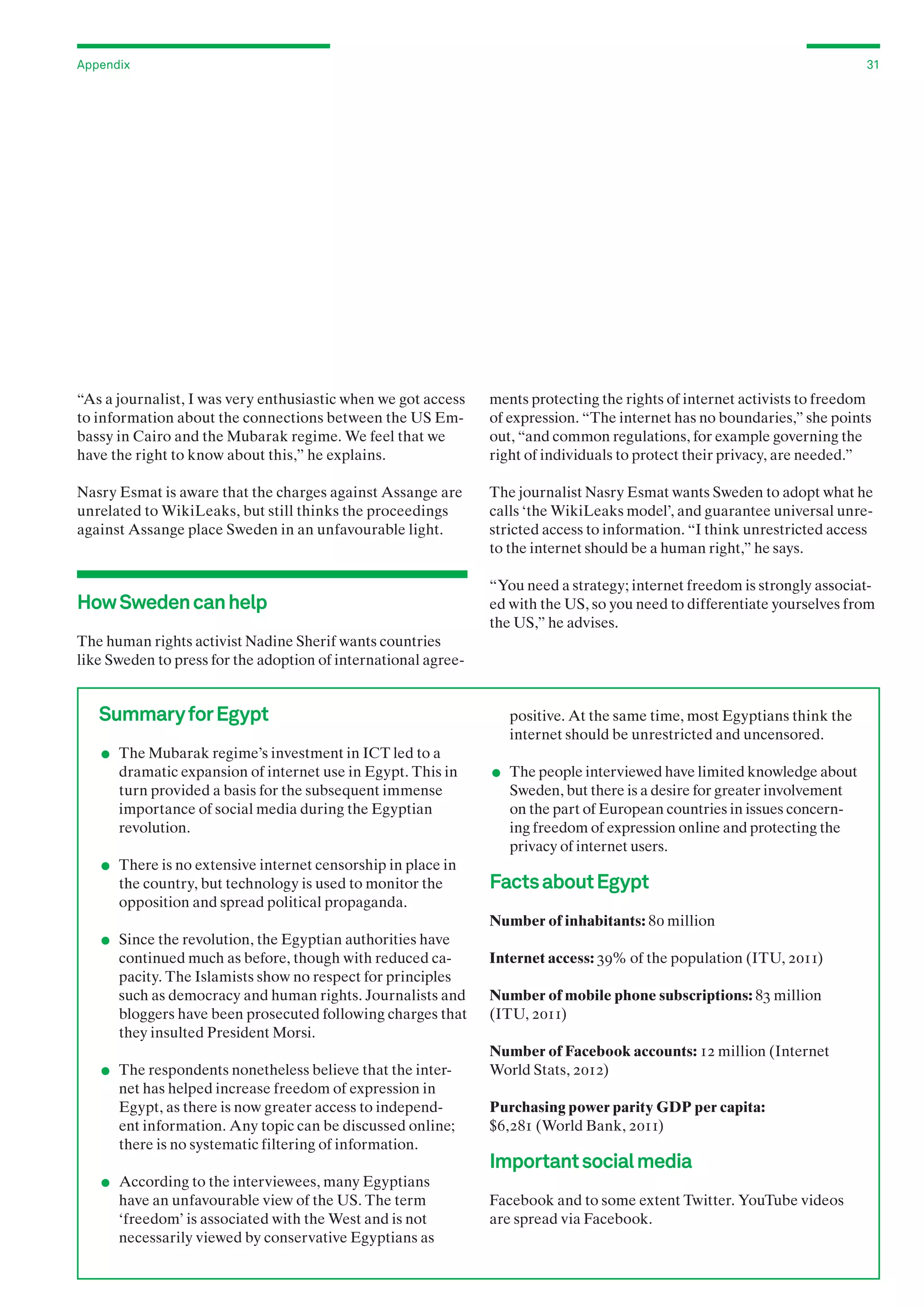 Appendix

31

“As a journalist, I was very enthusiastic when we got access
to information about the connections between the US Embassy in Cairo and the Mubarak regime. We feel that we
have the right to know about this,” he explains.

ments protecting the rights of internet activists to freedom
of expression. “The internet has no boundaries,” she points
out, “and common regulations, for example governing the
right of individuals to protect their privacy, are needed.”

Nasry Esmat is aware that the charges against Assange are
unrelated to WikiLeaks, but still thinks the proceedings
against Assange place Sweden in an unfavourable light.

The journalist Nasry Esmat wants Sweden to adopt what he
calls ‘the WikiLeaks model’, and guarantee universal unrestricted access to information. “I think unrestricted access
to the internet should be a human right,” he says.

How Sweden can help

“You need a strategy; internet freedom is strongly associated with the US, so you need to differentiate yourselves from
the US,” he advises.

The human rights activist Nadine Sherif wants countries
like Sweden to press for the adoption of international agree-

Summary for Egypt

.

	 The Mubarak regime’s investment in ICT led to a

.

dramatic expansion of internet use in Egypt. This in
turn provided a basis for the subsequent immense
importance of social media during the Egyptian
revolution.

	 There is no extensive internet censorship in place in

.

the country, but technology is used to monitor the
opposition and spread political propaganda.

	

.

positive. At the same time, most Egyptians think the
internet should be unrestricted and uncensored.

	 The people interviewed have limited knowledge about

Sweden, but there is a desire for greater involvement
on the part of European countries in issues concerning freedom of expression online and protecting the
privacy of internet users.

Facts about Egypt
Number of inhabitants: 80 million

	 Since the revolution, the Egyptian authorities have

.

continued much as before, though with reduced capacity. The Islamists show no respect for principles
such as democracy and human rights. Journalists and
bloggers have been prosecuted following charges that
they insulted President Morsi.

	 The respondents nonetheless believe that the inter-

.

net has helped increase freedom of expression in
Egypt, as there is now greater access to independent information. Any topic can be discussed online;
there is no systematic filtering of information.

	 According to the interviewees, many Egyptians

have an unfavourable view of the US. The term
‘freedom’ is associated with the West and is not
necessarily viewed by conservative Egyptians as

Internet access: 39% of the population (ITU, 2011)
Number of mobile phone subscriptions: 83 million
(ITU, 2011)
Number of Facebook accounts: 12 million (Internet
World Stats, 2012)
Purchasing power parity GDP per capita:
$6,281 (World Bank, 2011)

Important social media
Facebook and to some extent Twitter. YouTube videos
are spread via Facebook.

 