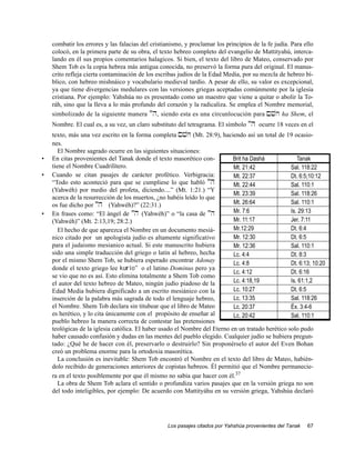 combatir los errores y las falacias del cristianismo, y proclamar los principios de la fe judía. Para ello
    colocó, en la primera parte de su obra, el texto hebreo completo del evangelio de Mattityahú, interca-
    lando en él sus propios comentarios halagicos. Si bien, el texto del libro de Mateo, conservado por
    Shem Tob es la copia hebrea más antigua conocida, no preservó la forma pura del original. El manus-
    crito refleja cierta contaminación de los escribas judíos de la Edad Media, por su mezcla de hebreo bí-
    blico, con hebreo mishnáico y vocabulario medieval tardío. A pesar de ello, su valor es excepcional,
    ya que tiene divergencias medulares con las versiones griegas aceptadas comúnmente por la iglesia
    cristiana. Por ejemplo: Yahshúa no es presentado como un maestro que viene a quitar o abolir la To-
    ráh, sino que la lleva a lo más profundo del corazón y la radicaliza. Se emplea el Nombre memorial,
    simbolizado de la siguiente manera "h, siendo esta es una circunlocución para !vh ha Shem, el
    Nombre. El cual es, a su vez, un claro substituto del tetragrama. El símbolo "h ocurre 18 veces en el
    texto, más una vez escrito en la forma completa !vh (Mt. 28:9), haciendo así un total de 19 ocasio-
    nes.
       El Nombre sagrado ocurre en las siguientes situaciones:
•   En citas provenientes del Tanak donde el texto masorético con-          Brit ha Dashá             Tanak
    tiene el Nombre Cuadrilítero.                                           Mt. 21:42              Sal. 118:22
•   Cuando se citan pasajes de carácter profético. Verbigracia:             Mt. 22:37              Dt. 6:5;10:12
    “Todo esto aconteció para que se cumpliese lo que habló "h              Mt. 22:44              Sal. 110:1
    (Yahwéh) por medio del profeta, diciendo....” (Mt. 1:21.) “Y
                                                                            Mt. 23:39              Sal. 118:26
    acerca de la resurrección de los muertos, ¿no habéis leído lo que
    os fue dicho por "h (Yahwéh)?” (22:31.)                                 Mt. 26:64              Sal. 110:1
•   En frases como: “El ángel de "h (Yahwéh)” o “la casa de "h              Mr. 7:6                Is. 29:13
    (Yahwéh)” (Mt. 2:13,19; 28:2.)                                          Mr. 11:17              Jer. 7:11
       El hecho de que aparezca el Nombre en un documento mesiá-            Mr.12:29               Dt. 6:4
    nico citado por un apologista judío es altamente significativo          Mr. 12:30              Dt. 6:5
    para el judaismo mesianico actual. Si este manuscrito hubiera           Mr. 12:36              Sal. 110:1
    sido una simple traducción del griego o latín al hebreo, hecha          Lc. 4:4                Dt. 8:3
    por el mismo Shem Tob, se hubiera esperado encontrar Adonay             Lc. 4:8                Dt. 6:13; 10:20
    donde el texto griego lee kuvrio" o el latino Dominus pero ya
                                                                            Lc. 4:12               Dt. 6:16
    se vio que no es así. Esto elimina totalmente a Shem Tob como
    el autor del texto hebreo de Mateo, ningún judío piadoso de la          Lc. 4:18,19            Is. 61:1,2
    Edad Media hubiera dignificado a un escrito mesiánico con la            Lc. 10:27              Dt. 6:5
    inserción de la palabra más sagrada de todo el lenguaje hebreo,         Lc. 13:35              Sal. 118:26
    el Nombre. Shem Tob declara sin titubear que el libro de Mateo          Lc. 20:37              Éx. 3:4-6
    es herético, y lo cita únicamente con el propósito de enseñar al        Lc. 20:42              Sal. 110:1
    pueblo hebreo la manera correcta de contestar las pretensiones
    teológicas de la iglesia católica. El haber usado el Nombre del Eterno en un tratado herético solo pudo
    haber causado confusión y dudas en las mentes del pueblo elegido. Cualquier judío se hubiera pregun-
    tado: ¿Qué he de hacer con él, preservarlo o destruirlo? Sin proponérselo el autor del Even Bohan
    creó un problema enorme para la ortodoxia masorética.
       La conclusión es inevitable: Shem Tob encontró el Nombre en el texto del libro de Mateo, habién-
    dolo recibido de generaciones anteriores de copistas hebreos. Él permitió que el Nombre permanecie-
    ra en el texto posiblemente por que él mismo no sabia que hacer con él.37
       La obra de Shem Tob aclara el sentido o profundiza varios pasajes que en la versión griega no son
    del todo inteligibles, por ejemplo: De acuerdo con Mattityáhu en su versión griega, Yahshúa declaró




                                                  Los pasajes citados por Yahshúa provenientes del Tanak   67
 