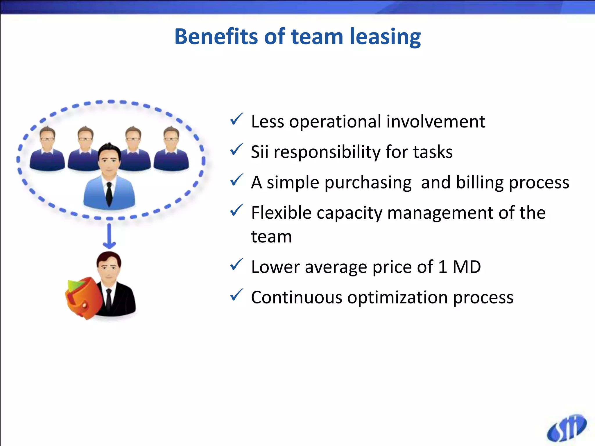 Benefits of team leasing


      Less operational involvement
      Sii responsibility for tasks
      A simple purchasing and billing process
      Flexible capacity management of the
       team
      Lower average price of 1 MD
      Continuous optimization process
 