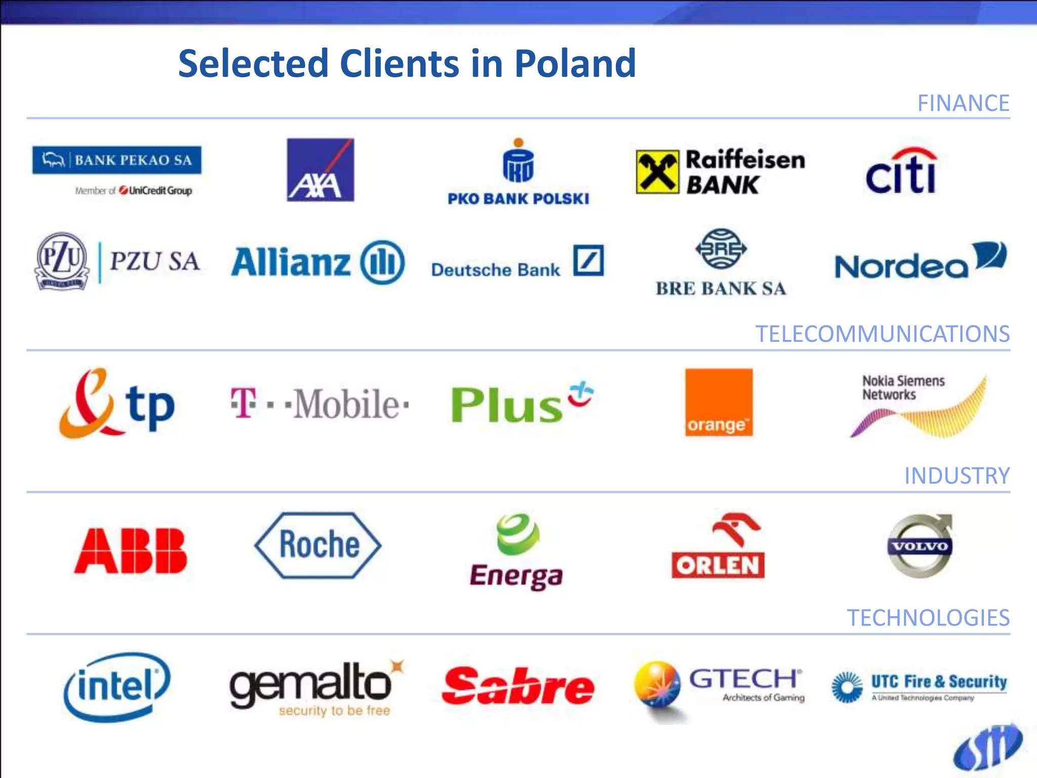 Selected Clients in Poland
                                        FINANCE




                             TELECOMMUNICATIONS




                                       INDUSTRY




                                   TECHNOLOGIES
 