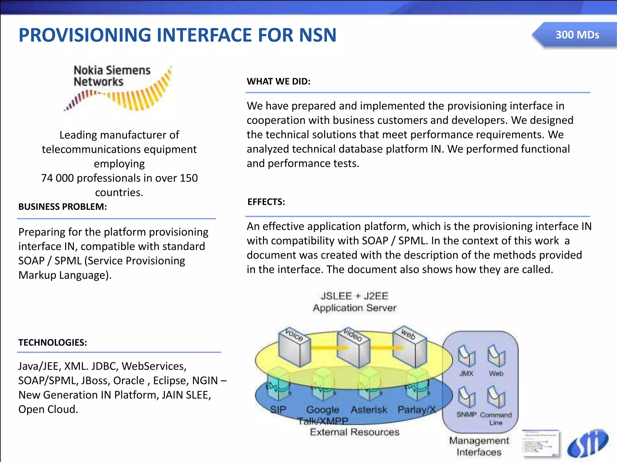 PROVISIONING INTERFACE FOR NSN                                                                                300 MDs


                                             WHAT WE DID:

                                             We have prepared and implemented the provisioning interface in
                                             cooperation with business customers and developers. We designed
        Leading manufacturer of              the technical solutions that meet performance requirements. We
    telecommunications equipment             analyzed technical database platform IN. We performed functional
              employing                      and performance tests.
    74 000 professionals in over 150
               countries.
BUSINESS PROBLEM:                            EFFECTS:

Preparing for the platform provisioning      An effective application platform, which is the provisioning interface IN
interface IN, compatible with standard       with compatibility with SOAP / SPML. In the context of this work a
SOAP / SPML (Service Provisioning            document was created with the description of the methods provided
Markup Language).                            in the interface. The document also shows how they are called.




TECHNOLOGIES:

Java/JEE, XML. JDBC, WebServices,
SOAP/SPML, JBoss, Oracle , Eclipse, NGIN –
New Generation IN Platform, JAIN SLEE,
Open Cloud.
 