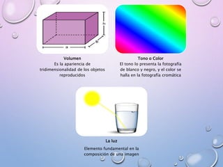 Volumen
Es la apariencia de
tridimensionalidad de los objetos
reproducidos
Tono o Color
El tono lo presenta la fotografía
de blanco y negro, y el color se
halla en la fotografía cromática
La luz
Elemento fundamental en la
composición de una imagen
 