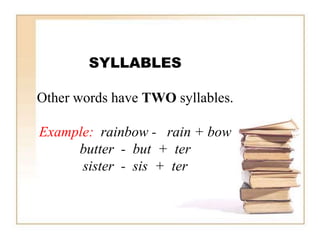 SYLLABLES
Other words have TWO syllables.
Example: rainbow - rain + bow
butter - but + ter
sister - sis + ter
 