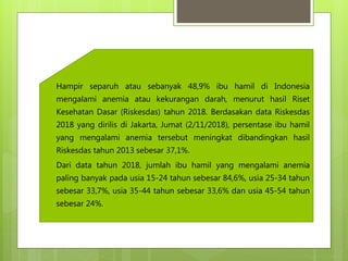 Hampir separuh atau sebanyak 48,9% ibu hamil di Indonesia
mengalami anemia atau kekurangan darah, menurut hasil Riset
Kesehatan Dasar (Riskesdas) tahun 2018. Berdasakan data Riskesdas
2018 yang dirilis di Jakarta, Jumat (2/11/2018), persentase ibu hamil
yang mengalami anemia tersebut meningkat dibandingkan hasil
Riskesdas tahun 2013 sebesar 37,1%.
 Dari data tahun 2018, jumlah ibu hamil yang mengalami anemia
paling banyak pada usia 15-24 tahun sebesar 84,6%, usia 25-34 tahun
sebesar 33,7%, usia 35-44 tahun sebesar 33,6% dan usia 45-54 tahun
sebesar 24%.
 
