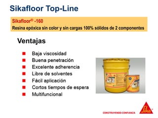 Sikafloor® -160
Resina epóxica sin color y sin cargas 100% sólidos de 2 componentes
Ventajas
Sikafloor Top-Line
 