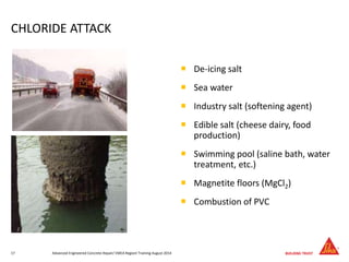 CHLORIDE ATTACK
 De-icing salt
 Sea water
 Industry salt (softening agent)
 Edible salt (cheese dairy, food
production)
 Swimming pool (saline bath, water
treatment, etc.)
 Magnetite floors (MgCl2)
 Combustion of PVC
Advanced Engineered Concrete Repair/ EMEA Regionl Training August 201417
 