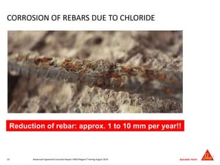 CORROSION OF REBARS DUE TO CHLORIDE
Reduction of rebar: approx. 1 to 10 mm per year!!
Advanced Engineered Concrete Repair/ EMEA Regionl Training August 201419
 