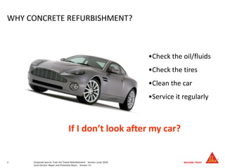 2 Corporate Source: Train the Trainer Refurbishment Version: June/ 2010
Local Version: Repair and Protection Basics Version: V1
WHY CONCRETE REFURBISHMENT?
•Check the oil/fluids
•Check the tires
•Clean the car
•Service it regularly
If I don’t look after my car?
 