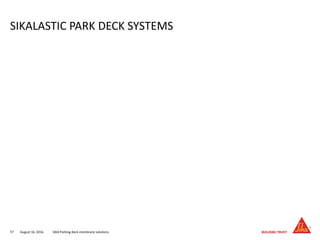 August 16, 201657 SIKA Parking deck membrane solutions
SIKALASTIC PARK DECK SYSTEMS
 