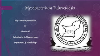 Mycobacterium Tuberculosis
BS 3rd semester presentation
By
SikandarAli
Submittedto: Sir Musawir khan
Department Of Microbiology
 