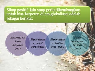Berkompetisi
dalam
kemajuan
iptek
Meningkatka
n motif
berprestasi
Meningkatka
n kualitas
atau mutu
Selalu
berorientasi
ke masa
depan
Sikap positif lain yang perlu dikembangkan
untuk bisa berperan di era globalisasi adalah
sebagai berikut:
 