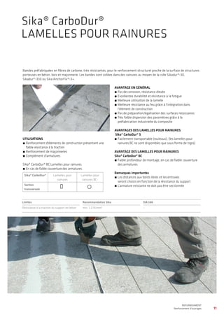 11
WATERPROOFING
BASEMENT WATERPROOFING WITH Sikaplan® SHEET MEMBRANES
REFURBISHMENT
Renforcement d’ouvrages
Bandes préfabriquées en fibres de carbone, très résistantes, pour le renforcement structurel proche de la surface de structures
porteuses en béton, bois et maçonnerie. Les bandes sont collées dans des rainures au moyen de la colle Sikadur®-30,
Sikadur®-330 ou Sika AnchorFix®-3+.
UTILISATIONS
́́ 	Renforcement d'éléments de construction présentant une
faible résistance à la traction
́́ 	Renforcement de maçonneries
́́ 	Complément d'armatures
Sika® CarboDur® BC Lamelles pour rainures
́́ 	En cas de faible couverture des armatures
AVANTAGE EN GÉNÉRAL
́́ 	Pas de corrosion, résistance élevée
́́ 	Excellentes durabilité et résistance à la fatigue
́́ 	Meilleure utilisation de la lamelle
́́ 	Meilleure résistance au feu grâce à l’intégration dans
l’élément de construction
́́ 	Pas de préparation/égalisation des surfaces nécessaires
́́ 	Très faible dispersion des paramètres grâce à la
préfabrication industrielle du composite
AVANTAGES DES LAMELLES POUR RAINURES
Sika® CarboDur® S
́́ 	Facilement transportable (rouleaux), (les lamelles pour
rainures BC ne sont disponibles que sous forme de tiges)
AVANTAGE DES LAMELLES POUR RAINURES
Sika® CarboDur® BC
́́ 	Faible profondeur de montage, en cas de faible couverture
des armatures
Remarques importantes
́́ 	Les distances aux bords libres et les entraxes
seront choisis en fonction de la résistance du support
́́ 	L’armature existante ne doit pas être sectionnée
Limites Recommandation Sika SIA 166
Résistance à la traction du support en béton min. 1.0 N/mm2
–
Sika® CarboDur®
LAMELLES POUR RAINURES
Sika® CarboDur® Lamelles pour
rainures
Lamelles pour
rainures BC-
Section
transversale
 