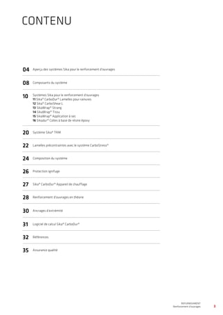 3
WATERPROOFING
BASEMENT WATERPROOFING WITH Sikaplan® SHEET MEMBRANES
REFURBISHMENT
Renforcement d’ouvrages
CONTENU
04 Aperçu des systèmes Sika pour le renforcement d’ouvrages
08 Composants du système
10 Systèmes Sika pour le renforcement d’ouvrages
11 Sika® CarboDur® Lamelles pour rainures
12 Sika® CarboShear L
13 SikaWrap® Strang
14 SikaWrap® Tissu
15 SikaWrap® Application à sec
16 Sikadur® Colles à base de résine époxy
20 Système Sika® TRM
22 Lamelles précontraintes avec le système CarboStress®
24 Composition du système
26 Protection ignifuge
27 Sika® CarboDur® Appareil de chauffage
28 Renforcement d’ouvrages en théorie
30 Ancrages d’extrémité
31 Logiciel de calcul Sika® CarboDur®
32 Références
35 Assurance qualité
 