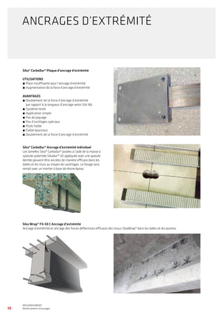 UTILISATIONS
́́ 	Place insuffisante pour l’ancrage d’extrémité
́́ 	Augmentation de la force d’ancrage d’extrémité
AVANTAGES
́́ 	Doublement de la force d’ancrage d’extrémité
par rapport à la longueur d’ancrage selon SIA 166
́́ 	Système testé
́́ 	Application simple
́́ 	Pas de piquage
́́ 	Pas d’outillages spéciaux
́́ 	Poids faible
́́ 	Faible épaisseur
́́ 	Doublement de la force d’ancrage d’extrémité
Les lamelles Sika® Carbodur® posées à l’aide de la masse à
spatuler patentée Sikadur®-30 appliquée avec une spatule
dentée peuvent être ancrées de manière efficace dans les
dalles et les murs au moyen de carottages. Le forage sera
rempli avec un mortier à base de résine époxy.
30
WATERPROOFING
BASEMENT WATERPROOFING WITH Sikaplan® SHEET MEMBRANES
REFURBISHMENT
Renforcement d’ouvrages
ANCRAGES D’EXTRÉMITÉ
Sika® CarboDur® Plaque d’ancrage d’extrémité
Sika® CarboDur® Ancrage d’extrémité individuel
Sika Wrap® FX-50 C Ancrage d’extrémité
Ancrage d’extrémité et ancrage des forces déflectrices efficaces des tissus SikaWrap® dans les dalles et les poutres.
 