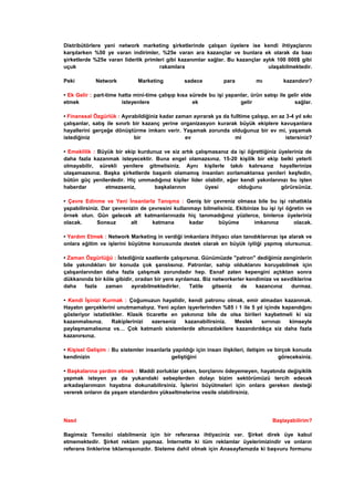 Distribütörlere yani network marketing şirketlerinde çalışan üyelere ise kendi ihtiyaçlarını
karşılarken %50 ye varan indirimler, %25e varan ara kazançlar ve bunlara ek olarak da bazı
şirketlerde %25e varan liderlik primleri gibi kazanımlar sağlar. Bu kazançlar aylık 100 000$ gibi
uçuk rakamlara ulaşabilmektedir.
Peki Network Marketing sadece para mı kazandırır?
• Ek Gelir : part-time hatta mini-time çalışıp kısa sürede bu işi yapanlar, ürün satışı ile gelir elde
etmek isteyenlere ek gelir sağlar.
• Finanssal Özgürlük : Ayırabildiğiniz kadar zaman ayırarak ya da fulltime çalışıp, en az 3-4 yıl sıkı
çalışanlar, satış ile sınırlı bir kazanç yerine organizasyon kurarak büyük ekiplere kavuşanlara
hayallerini gerçeğe dönüştürme imkanı verir. Yaşamak zorunda olduğunuz bir ev mi, yaşamak
istediğiniz bir ev mi istersiniz?
• Emeklilik : Büyük bir ekip kurdunuz ve siz artık çalışmasanız da işi öğrettiğiniz üyeleriniz de
daha fazla kazanmak isteyecektir. Buna engel olamazsınız. 15-20 kişilik bir ekip belki yeterli
olmayabilir, sürekli yenilere gitmelisiniz. Aynı kişilerle takılı kalırsanız hayallerinize
ulaşamazsınız. Başka şirketlerde başarılı olamamış insanları zorlamaktansa yenileri keşfedin,
bütün güç yenilerdedir. Hiç ummadığınız kişiler lider olabilir, eğer kendi yakınlarınızı bu işten
haberdar etmezseniz, başkalarının üyesi olduğunu görürsünüz.
• Çevre Edinme ve Yeni İnsanlarla Tanışma : Geniş bir çevreniz olmasa bile bu işi rahatlıkla
yapabilirsiniz. Dar çevrenizin de çevresini kullanmayı bilmelisiniz. Ekibinize bu işi iyi öğretin ve
örnek olun. Gün gelecek alt katmanlarınızda hiç tanımadığınız yüzlerce, binlerce üyeleriniz
olacak. Sonsuz alt katmana kadar büyüme imkanınız olacak.
• Yardım Etmek : Network Marketing in verdiği imkanlara ihtiyacı olan tanıdıklarınızı işe alarak ve
onlara eğitim ve işlerini büyütme konusunda destek olarak en büyük iyiliği yapmış olursunuz.
• Zaman Özgürlüğü : İstediğiniz saatlerde çalışırsınız. Günümüzde "patron" dediğimiz zenginlerin
bile yakındıkları bir konuda çok şanslısınız. Patronlar, sahip olduklarını koruyabilmek için
çalışanlarından daha fazla çalışmak zorundadır hep. Esnaf zaten kepengini açtıktan sonra
dükkanında bir köle gibidir, oradan bir yere ayrılamaz. Biz networkerler kendimize ve sevdiklerine
daha fazla zaman ayırabilmektedirler. Tatile gitseniz de kazancınız durmaz.
• Kendi İşinizi Kurmak : Çoğumuzun hayalidir, kendi patronu olmak, emir almadan kazanmak.
Hayatın gerçeklerini unutmamalıyız. Yeni açılan işyerlerinden %85 i 1 ile 5 yıl içinde kapandığını
gösteriyor istatistikler. Klasik ticarette en yakınınız bile de olsa birileri kaybetmeli ki siz
kazanmalısınız. Rakiplerinizi ezerseniz kazanabilirsiniz. Meslek sırrınızı kimseyle
paylaşmamalısınız vs… Çok katmanlı sistemlerde altınızdakilere kazandırdıkça siz daha fazla
kazanırsınız.
• Kişisel Gelişim : Bu sistemler insanlarla yapıldığı için insan ilişkileri, iletişim ve birçok konuda
kendinizin geliştiğini göreceksiniz.
• Başkalarına yardım etmek : Maddi zorluklar çeken, borçlarını ödeyemeyen, hayatında değişiklik
yapmak isteyen ya da yukarıdaki sebeplerden dolayı bizim sektörümüzü tercih edecek
arkadaşlarımızın hayatına dokunabilirsiniz. İşlerini büyütmeleri için onlara gereken desteği
vererek onların da yaşam standardını yükseltmelerine vesile olabilirsiniz.
Nasıl Başlayabilirim?
Bagimsiz Temsilci olabilmeniz için bir referansa ihtiyaciniz var. Şirket direk üye kabul
etmemektedir. Şirket reklam yapmaz. İnternette ki tüm reklamlar üyelerimizindir ve onların
referans linklerine tıklamışsınızdır. Sisteme dahil olmak için Anasayfamızda ki başvuru formunu
 