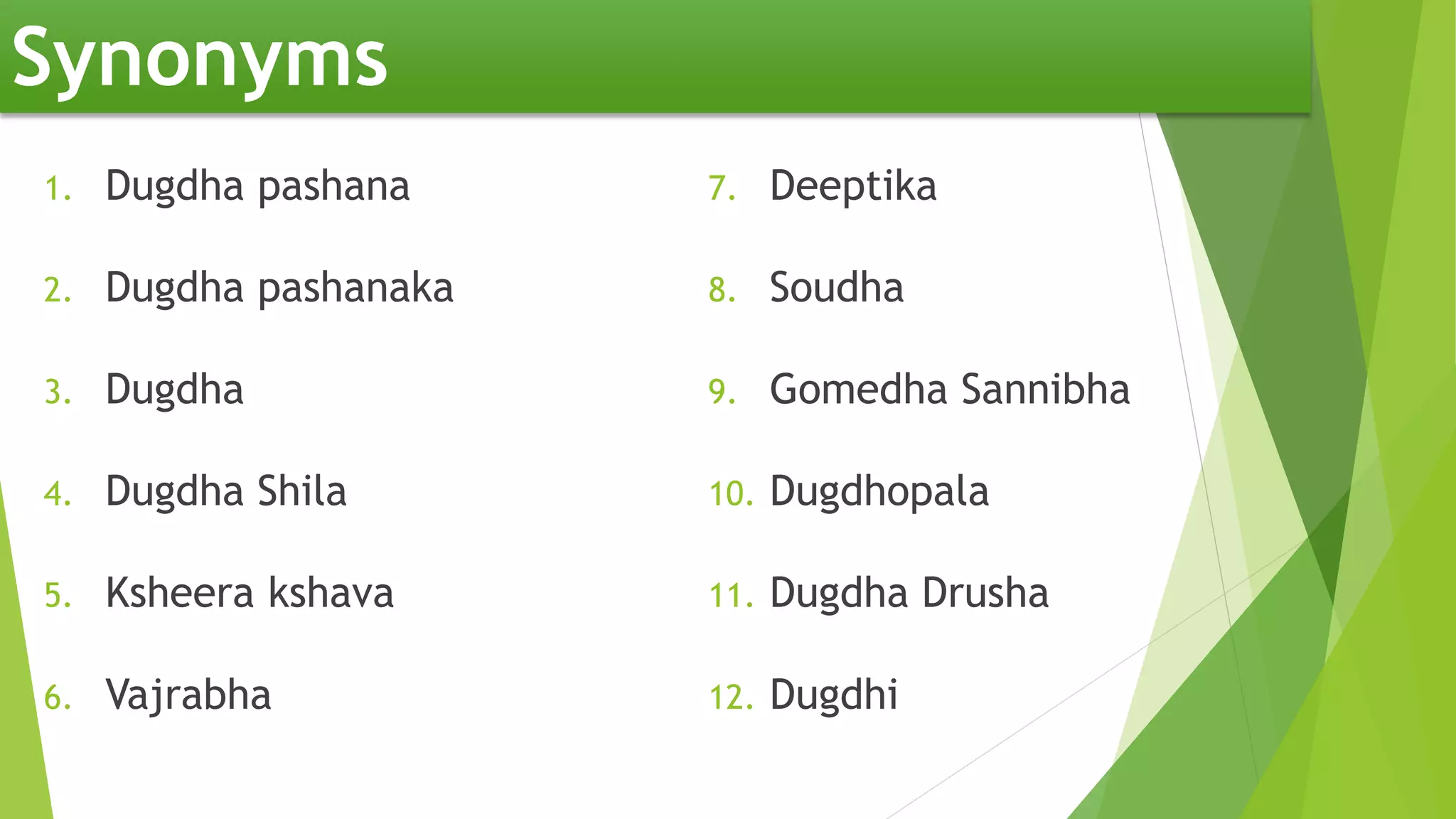 Synonyms
1. Dugdha pashana
2. Dugdha pashanaka
3. Dugdha
4. Dugdha Shila
5. Ksheera kshava
6. Vajrabha
7. Deeptika
8. Soudha
9. Gomedha Sannibha
10. Dugdhopala
11. Dugdha Drusha
12. Dugdhi
 