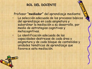 ROL DEL DOCENTE

 Profesor “mediador” del aprendizaje mediante:
• La selección adecuada de los procesos básicos
   del aprendizaje en cada asignatura y
   subordinar la mediación a su desarrollo, por
   medio de estrategias cognitivas y
   metacognitivas.
• La identificación adecuada de las
   capacidades-destrezas de cada área y
   asignatura y de cada bloque de contenidos y
   unidades temáticas de aprendizaje que
   favorece esta mediación.
 