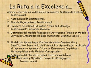 La Ruta a la Excelencia…
Camino recorrido en la definición de nuestro Sistema de Evaluación
   Institucional:
1. Autoevaluación Institucional.
2. Plan de Mejoramiento Institucional.
3. Proyecto de Calidad Educativa-”Tren de Liderazgo
   Institucional”-Fundación Mamonal.
4. Definición del Modelo Pedagógico Institucional “Hacia un Modelo
   Curricular Integrador de Base Humanista: Cognitivo Social”.

5. Modelo de Aprendizaje: Preferentemente Constructivo y
   Significativo. Desarrollo del Potencial de Aprendizaje : Aplicado
   el “Aprender a Aprender” (Uso de Estrategias Cognitivas-
   Metacognitivas y de Modelos Conceptuales.
6. Definición del Plan de Estudios Institucional (Áreas
   Fundamentales y Optativas, Proyectos Pedagógicos
           Transversales).
 